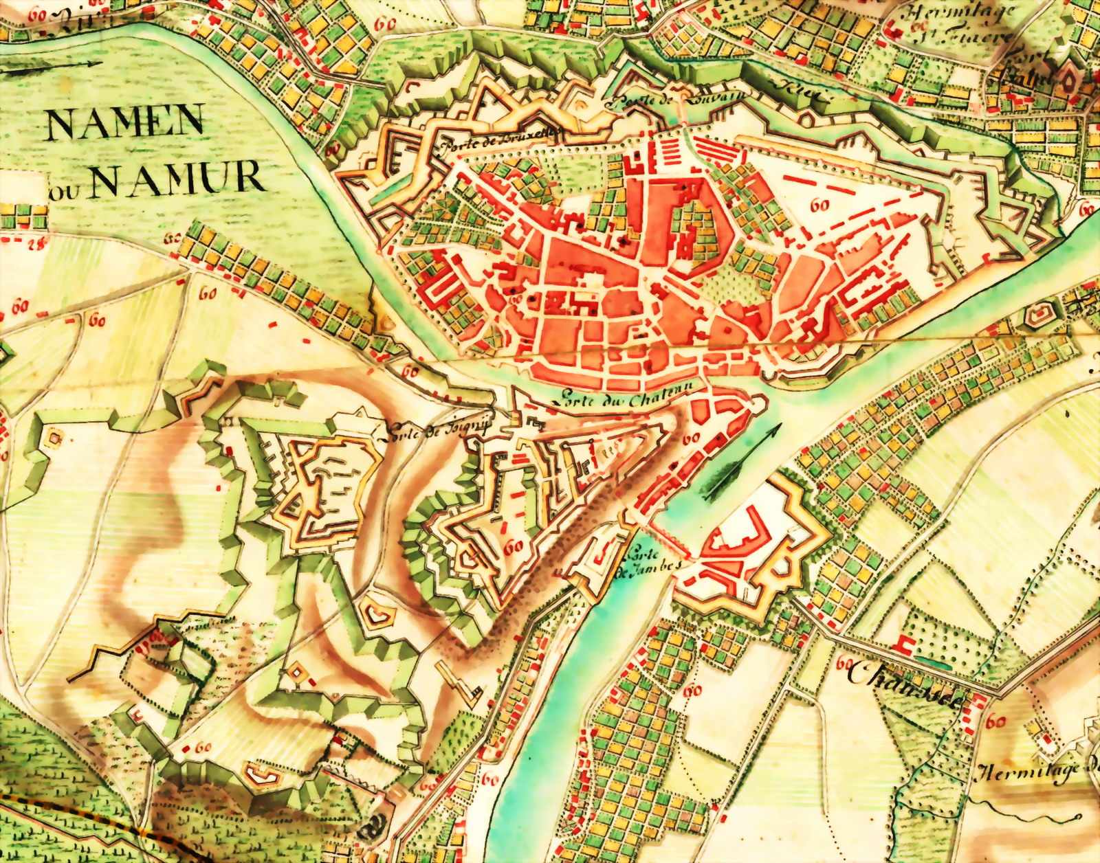 Joseph de Ferraris (1726-1814), « Carte des Pays-Bas autrichiens » (dite « Carte de Ferraris « ou “Ferrariskaarten”), 1777, encre et aquarelle sur papier (détail retravaillé représentant la citadelle et l’enceinte bastionnée de la ville de Namur, située dans la Wallonie d’aujourd’hui). Bruxelles (Belgique), Bibliothèque royale de Belgique [Koninklijke Bibliotheek van België], Cartes et plans