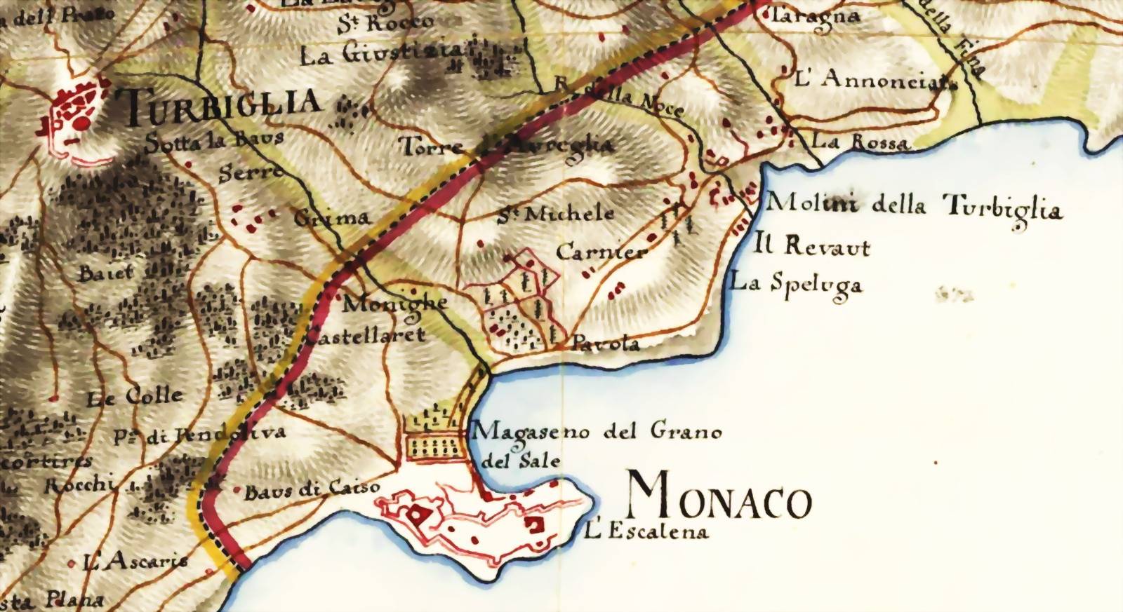 Principauté de Monaco, fin du XVIIIe siècle. « Carte militaire de la Riviera du Ponant » [„Militärische Carte von der Riviera di Ponente“], 1795, encre et aquarelle sur papier (détail retravaillé représentant le territoire monégasque avec Monaco-Ville ou Le Rocher, Monte-Carlo et La Condamine, ainsi que La Turbie dans le Comté de Nice). Vienne (Autriche), Archives d’État autrichiennes [Österreichisches Staatsarchiv in Wien], Länderkarten