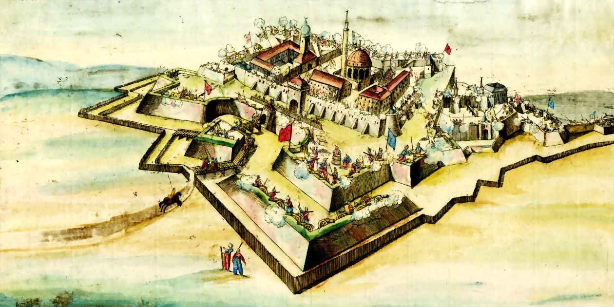 Johann Hieronymus Löschenkohl (1753-1807), “The Belgrade Fortress and the River Danube”/« La forteresse de Belgrade et le fleuve Danube »/„Die Festung von Belgrad und der Fluss Donau“, 18th Century/XVIIIe siècle/18. Jahrhundert, hand colored engraving/gravure colorée à la main/handkolorierte Gravur (reworked detail/detail retravaillé/Detail überarbeitet by/par/von Davide Tansini, 2020)